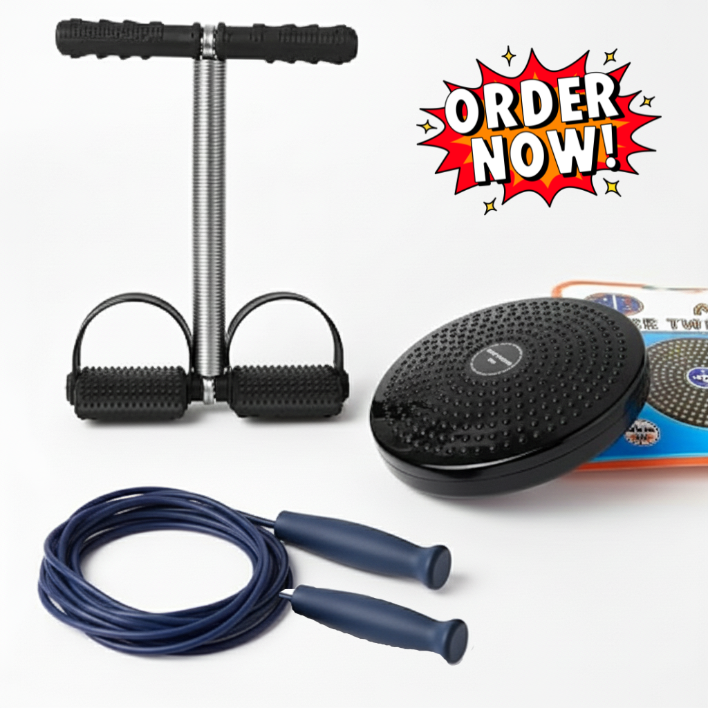 3-in-1 Home Fitness Combo – Tummy Trimmer Pull Reducer Band, AB Twister & Skipping Rope for Belly Fat, Abs, Legs & Arms – Adjustable, Non-Slip, Portable Fat-Burning & Body Toning Equipment for Men & Women